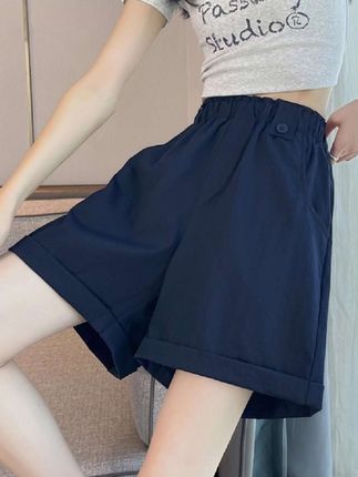 藏蓝色冰丝短裤女夏季薄款2025新款高腰显瘦宽松a字阔腿休闲热裤