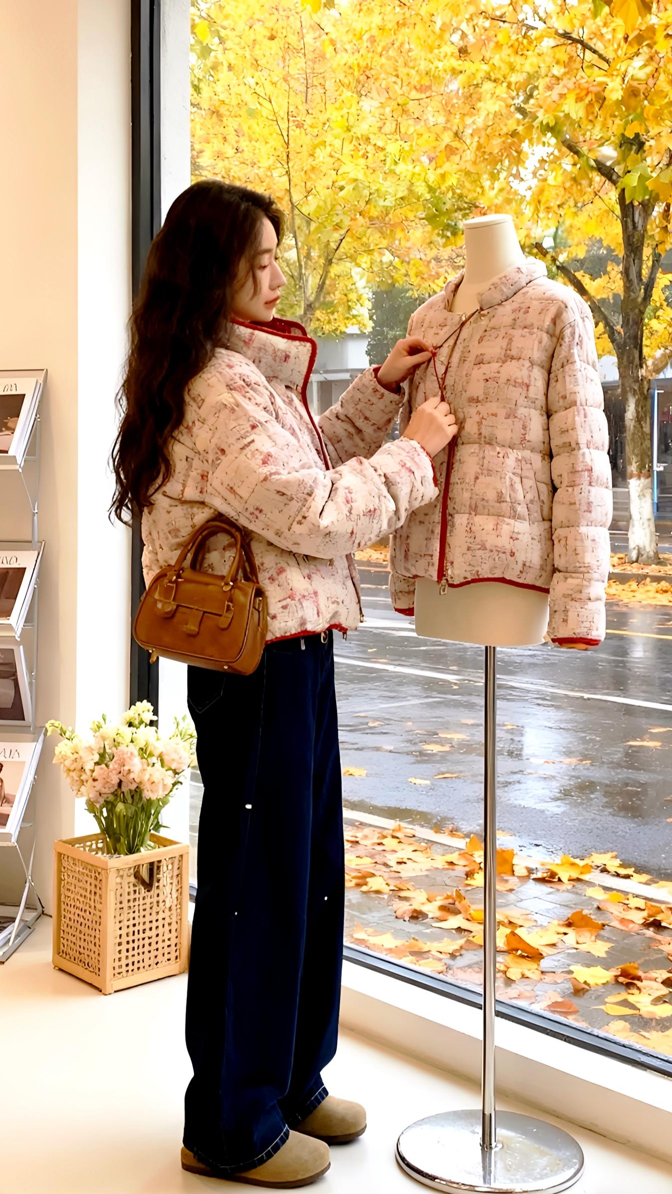 《衣与秋的私语》 她的棉服,是秋揉碎的诗笺,红白纹理间藏着季节的絮语。 曾在时装店的落地镜前,这衣装是潮流的注脚;此刻立于街衢,却与秋意撞了个满怀。手中的相机似还留着店内暖光的温度,棕包轻晃,如秋日浆果的私语。 街角的树把金黄抖落,落在她衣摆上,也落在时光的褶皱里。那间曾陈列着时尚杂志的店铺,此刻隐在街景深处,而她成了秋街的移动画框,衣袂间抖落的,是时装与季节的温柔共振#羽绒服 #冬季新款 #韩系氛围感穿搭 #白鸭绒外套@巨量千川