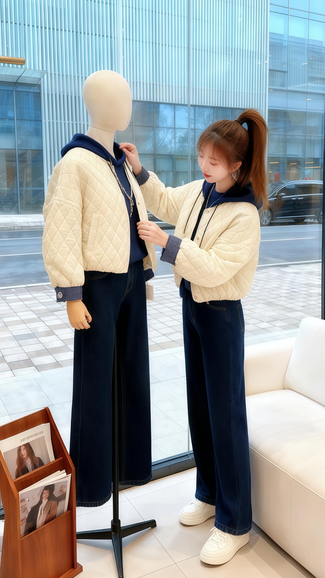 【秋日叠穿刚需!这件菱格棉服也太会拿捏氛围感了】 谁能拒绝一件把“慵懒与精致”焊在身上的菱格棉服啊!奶呼呼的米白色自带温柔滤镜,菱格纹路复古又显质感,短款版型利落不压个子,搭配藏蓝连帽针织衫+阔腿牛仔裤,层次感直接拉满~ 别看它薄薄一件,保暖度却很在线,秋冬单穿或叠穿都绝绝子。袖口格纹细节暗藏小心机,不管是在轻奢店当搭配达人,还是日常出街,都能让你在人群中脱颖而出,时髦精们快冲!#韩系穿搭 #秋冬穿搭 #外套 #小个子女生秋冬就这样穿 #秋冬都市硬核穿搭