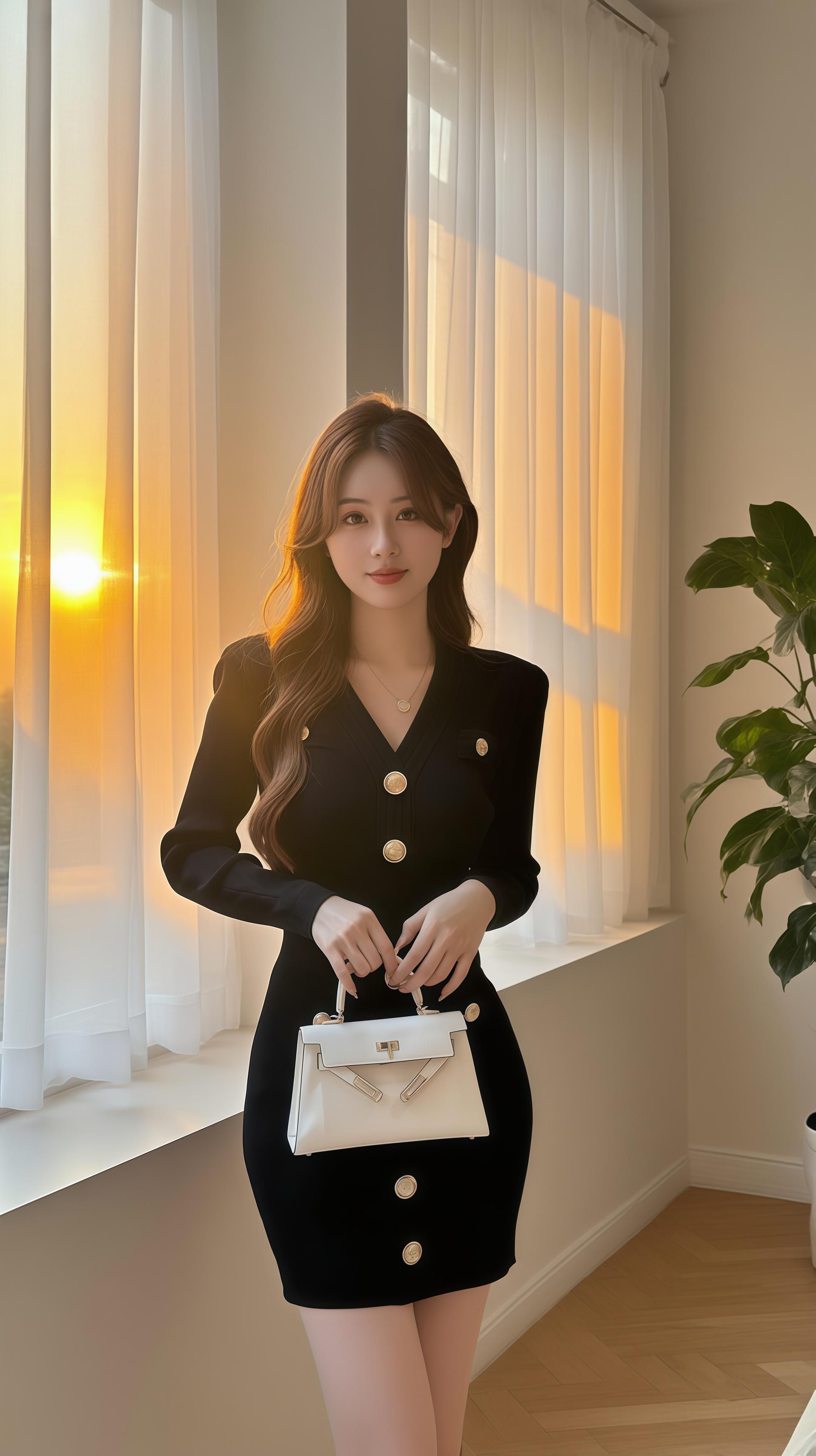 《黄昏的优雅》黄昏的光,如一层暖金的纱,透过薄帘洒进房间。她立于窗边,一袭黑色修身连衣裙,金色纽扣似星子般点缀,将简约与精致糅合得恰到好处。 手中的白色手袋,是优雅的注脚,与身后那抹温柔的橘色夕阳相映,竟生出一种时光慢淌的静谧。长发微卷,随微风轻晃,颈间细链坠着的圆牌,在光影里泛着柔和的光。 她像一幅精心描摹的画,在这黄昏的角落,将优雅酿成了诗,每一处细节都在诉说着从容与精致,任岁月的风,也吹不散这片刻的美好。#职场穿搭 #通勤连衣裙 #气质穿搭 #ootd每日穿搭