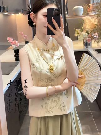 新中式国风套装女立领盘扣刺绣上衣一整套,穿搭新款显瘦休闲裤#夏季穿搭 #气质范 #完美搭配 #国风穿搭 #气质范