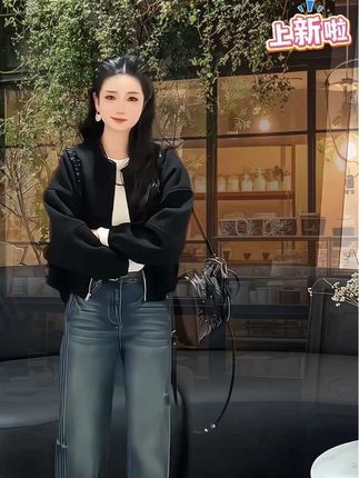 时尚穿搭女2025秋季新款百搭宽松长袖外套显瘦阔腿牛仔裤两件套装 #秋季新款 #休闲显瘦穿搭 #时尚百搭