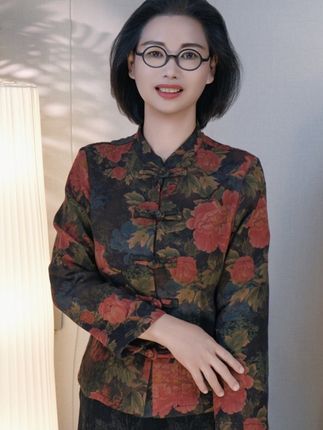 <念秋1>斜纹棉纱数码印花立领盘扣长袖秋款上衣优雅妈妈装#女装 #高级感穿搭 #原创视频 #每日推荐 #香云纱新中式女装