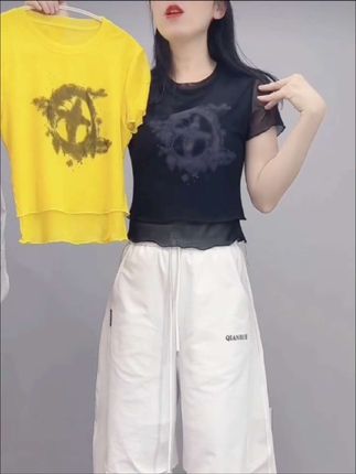 新款双层网纱显瘦辣妹短款百搭夏季印花修身女上衣032#时尚潮流休闲百搭 #洋气减龄 #百搭上衣