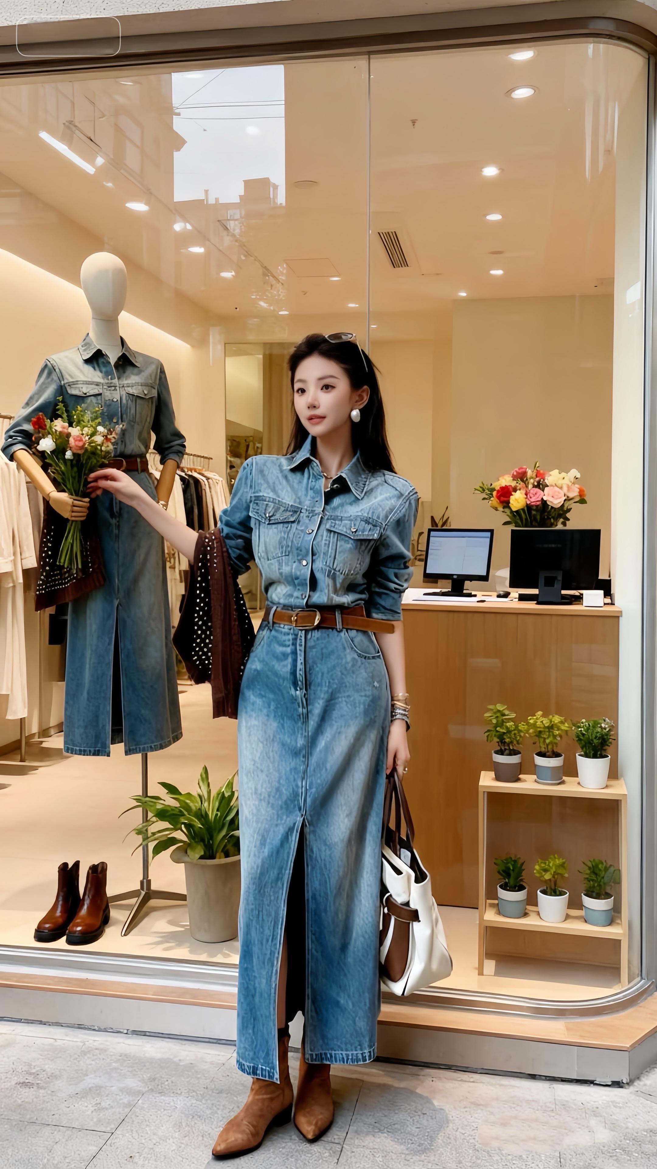 午后阳光透过橱窗店,慢镜头扫过原木色电脑桌,桌上放着一束鲜花,翻开的皮质笔记本,灯光透过百叶窗在桌面投下斑驳光影,镜头最终定格在桌旁垂落的牛仔连衣裙下摆,轻柔的键盘敲击声「日常的缝隙里,藏着不费力的精致」裙摆随动作轻轻晃动,露出连衣裙收腰剪裁和恰到好处的长度,自然微笑,眼神松弛,头发微卷垂在肩头,搭配简约银色细手链:「牛仔的随性,碰上游刃有余的优雅」连衣裙腰部收褶自然贴合身形,行走时裙摆开叉露出纤细脚踝#高级穿搭 #港风穿搭 #辣妹穿搭 #复古穿搭 #我要上热门🔥