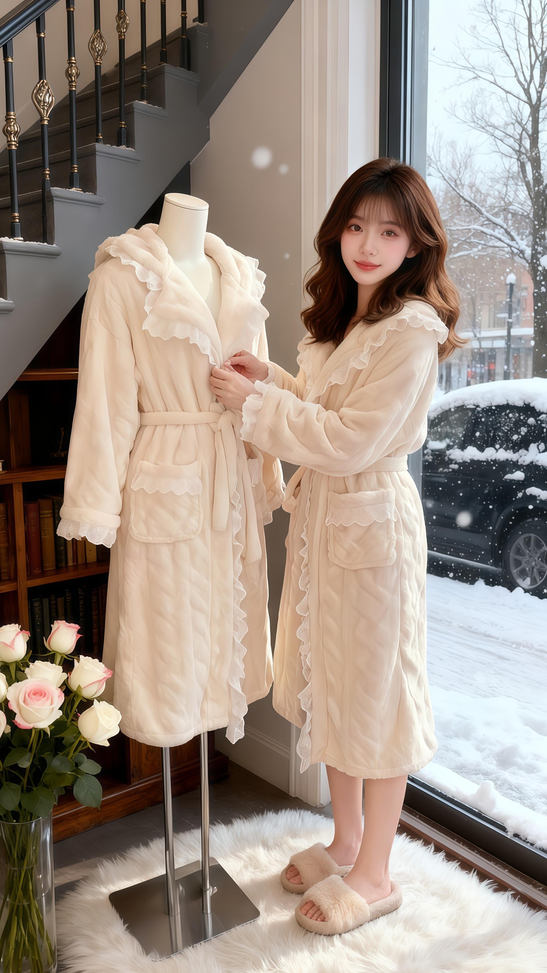 冬雪窗边的暖绒心事。初雪落满街景时,她裹着奶白睡袍靠在旋转楼梯旁,指尖蹭过博美软乎乎的毛。阳光裹着绒绒暖意,漫过蕾丝边领,落在咖啡杯的猫爪印上。   她赤脚踩进毛绒拖鞋,晃着摇摇椅看窗外摩天轮亮灯——雪花粘在窗沿,书架漫着墨香,睡袍的暖绒裹住冬风,连空气都浸着甜软。这是独属于冬日的温柔,是浴袍裹住的松弛,是宅家时光里,被软绒与暖意填满的细碎浪漫。#睡衣家居服 #秋冬穿搭 #谁穿谁好看#面料柔软舒适 #好看又保暖 @抖加🔥上热门🔥dou+🔥热点宝 @DOU+小助手