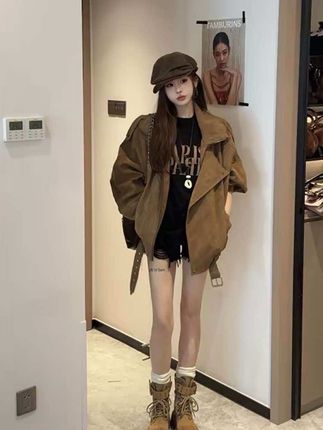 美式复古麂皮绒咖色机车外套女秋季新款设计感休闲百搭宽松夹克潮 #穿搭 #潮流穿搭 #机车服 #麂皮绒 #外套
