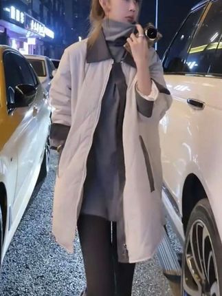 #洋气百搭宽松夹棉外套 #撞色拼接中长款外套 #菱形格子棉服外套 #时尚百搭外套女 #简约风外套