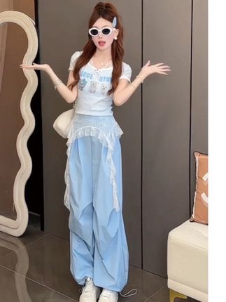 一整套ootd穿搭减龄韩系设计感卡通字母印花T恤女阔腿裤两件套装#显高显瘦 #甜美穿搭 #减龄气质 #设计感#ootd穿搭