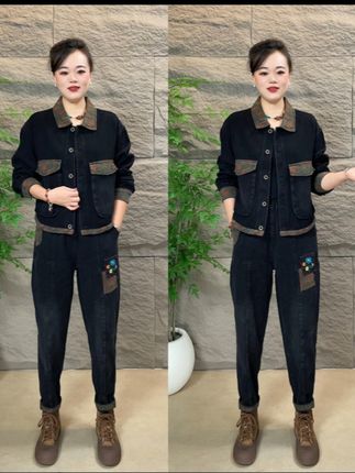 #复古时尚刺绣牛仔套装女2025春季新款大码洋气翻领外套减齢两件:/ 套#春季新款#洋气减龄#时尚穿搭分享