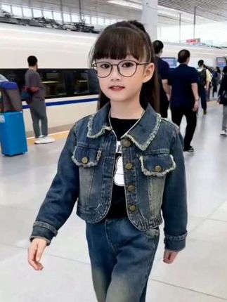 女童牛仔套装2025秋季新款洋气中大童韩版短款外套阔腿裤两件套#女童套装 #@DOU+上热门