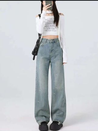 大码刺绣牛仔裤女2025秋季复古高腰胖mm宽松显瘦遮肉水洗阔腿裤#牛仔裤穿搭 #女装穿搭 #牛仔裤搭配 #时尚气质穿搭