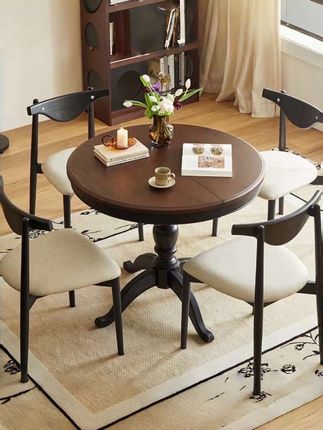 #法式中古风实木伸缩折叠餐桌#小户型家用圆桌#伸缩折叠吃饭桌子#复古美式餐桌