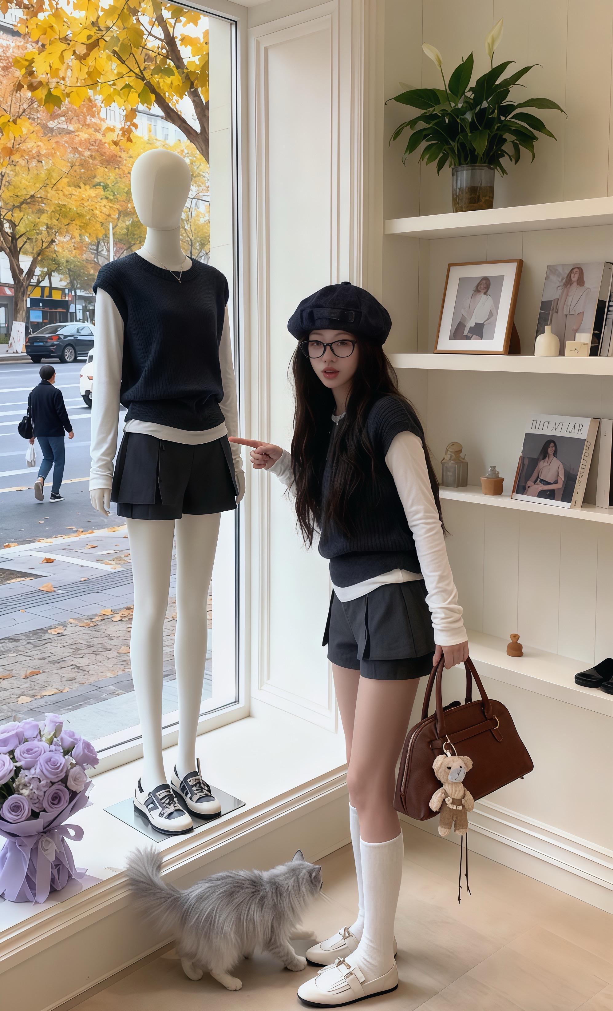 在“拾光”女装店里,晓冉抱着长毛银渐层“绵绵”,靠在纯白置物架旁浅笑。她身上的深灰针织马甲搭配白长袖,再加上深灰短裤,是店里的新款套装。 右侧置物架上,绿植鲜活,相框里的时尚大片与小摆件错落有致。窗边的浅紫色花藤垂落,将秋日的阳光筛得温柔又烂漫。 晓冉轻轻抚摸着“绵绵”的绒毛,目光偶尔飘向窗外。黄叶在枝头打着旋儿,行人们慢悠悠地走过街道,车辆安静地驶过。她觉得,这充满时尚与暖意的午后,就像怀里的“绵绵”一样,柔软又治愈。#秋天变时髦就从韩系穿搭开始 #ootd穿搭 #早秋穿搭三分钟出门不是梦 #今天穿什么 #韩系穿搭@DOU+小助手