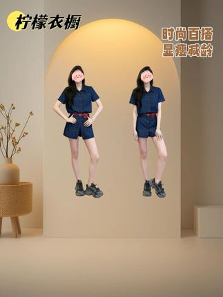 痞帅炸街风女装2025夏季港风短袖衬衫显瘦上衣遮肉短裙裤牛仔套装#夏季穿搭 #夏天该有的样子 #出游穿搭 #夏季新款 #洋气减龄
