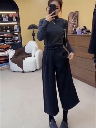八分毛呢阔腿裤时尚百搭高腰显瘦加厚宽松直筒裤子#高级感穿搭 #毛呢裤 #阔腿裤 #谁穿谁好看 #梨形身材穿搭 @DOU+小助手