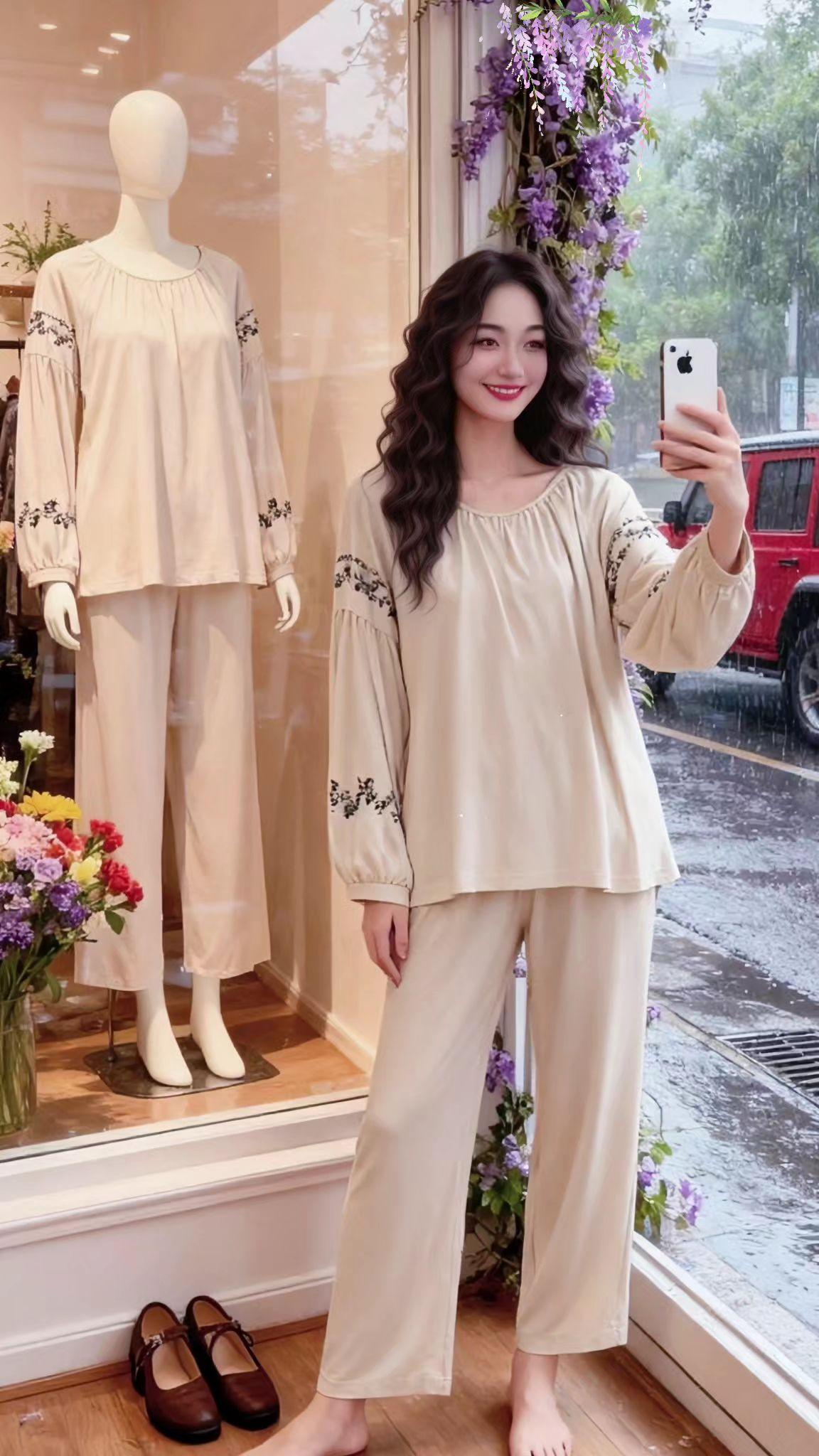 刺绣居家服,云朵般面料垂感绝居家氛围感!来啦姐妹们~今天给大家分享一套穿上就不想脱的居家服! 先看这款式,圆领设计很温柔,袖口是层层叠叠的灯笼袖,上面还有精致的小花纹,穿上特别显气质。裤子是宽松的直筒版型,不管什么身材都能轻松驾驭。 再摸这面料,柔软到像被云朵包裹住,亲肤又透气,夏天穿不闷热,冬天穿也保暖。而且它的垂感绝了,穿上身特别显高级,不会有那种皱巴巴的廉价感。 想象一下,在这样温馨的少女风店铺里,窗外下着小雨,你穿着这套居家服,不管是在家追剧,还是像这样在店里和同款假模特来个穿搭呼应,都特别有氛围感,舒适又好看,真的值得入手~#宅家睡衣秀 #减龄气质 #面料柔软舒适 #在家也要美美哒 #套装显瘦穿搭 @DOU+小助手 @DOU+上热门 @抖加🔥上热门🔥dou+🔥热点宝