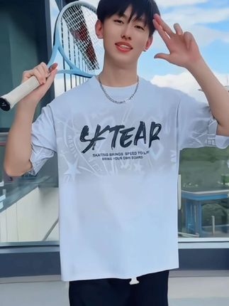 青少年夏季新款短袖T恤 男港风潮流宽松百搭休闲印花半袖#青少年短袖t恤