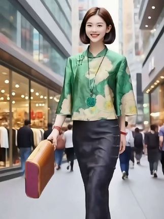 中式国风香云缎面牡丹印花七分袖短外套2025春夏新款傣味上衣