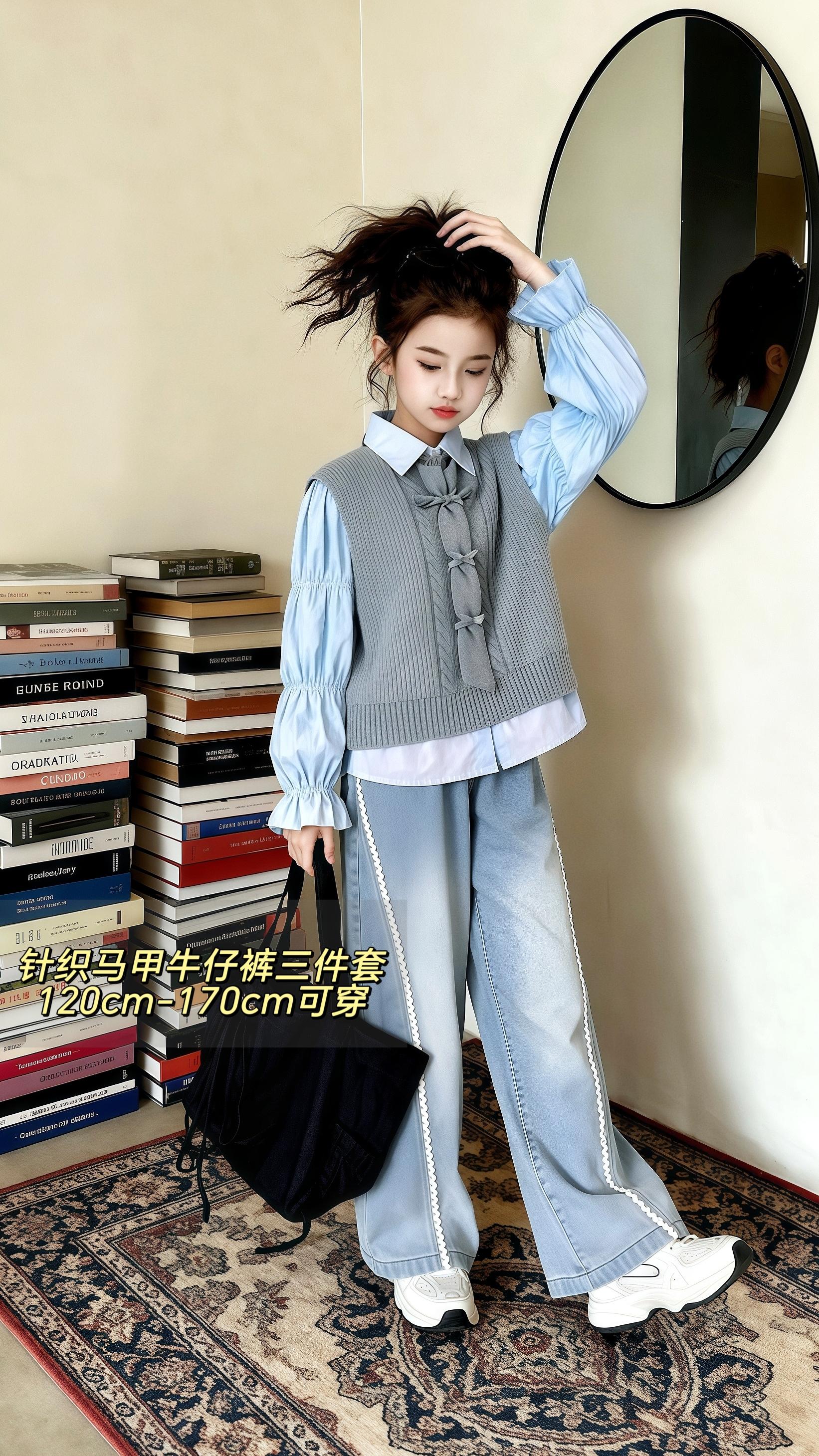 女童套装秋装。给女儿选穿搭的宝妈们,这套童装真的把“清新感与设计感”平衡得恰到好处~ 淡蓝色的衬衫带着蓬松的喇叭袖,袖口微微收拢的弧度特别显灵动,孩子抬手时像有微风拂过;浅灰色的针织马甲做了中式盘扣的设计,复古又不会显得老气,中间的系带细节还增添了几分俏皮;渐变牛仔阔腿裤的版型宽松又垂顺,侧边的白色织带沿着裤线延伸,既显腿长又让整体多了份精致感。孩子穿着这套在满是书籍的角落,搭配简约的黑包和小白鞋,整个人都透着清爽的文艺气,不管是上学、逛书店还是和朋友出门玩,都特别合适~ #童装清新穿搭 #女童喇叭袖衬衫 #针织盘扣马甲 #渐变阔腿裤 #儿童文艺风@上热门🔥🔥🔥 @DOU+小助手