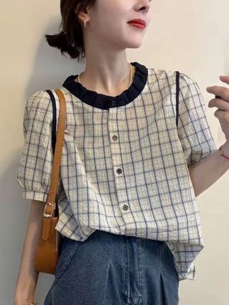 时尚娃娃领格子撞色短袖衬衫女泡泡袖洋气上衣#夏季干净风穿搭 #夏日穿搭小心机 #虽然我长得一般但我穿搭不一般 #挑战中式美学穿搭天花板 #毫不费力地打开初秋穿搭