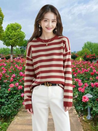 秋季新款!90-190斤圆领条纹羊毛时尚宽松大码针织打底衫#女装#时尚#针织衫 #宽松版型 #穿出自己的风格