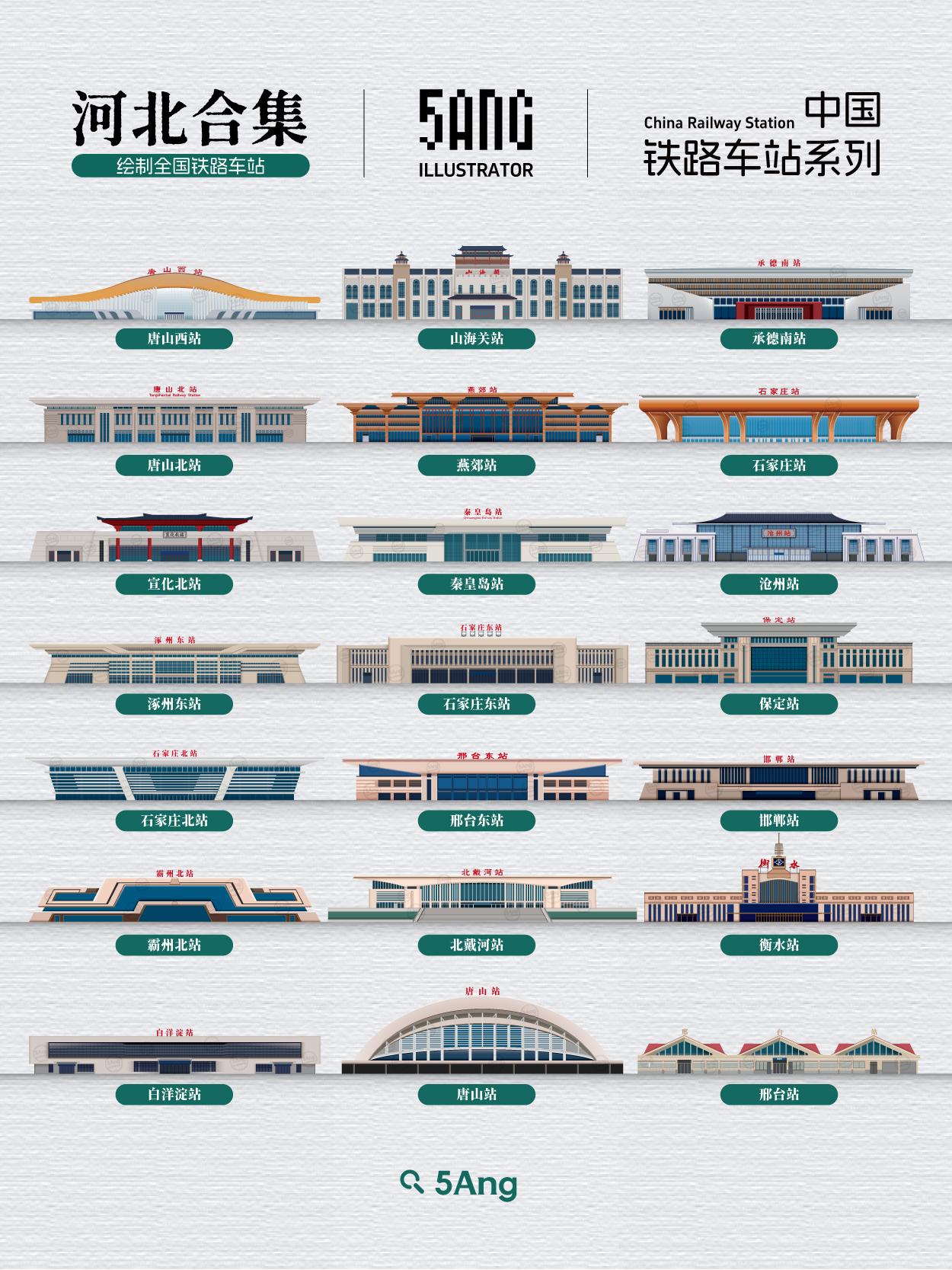 中国铁路车站_河北系列又又来了(加量版)#中国铁路 #河北 #火车迷 #火车站 #交通强国铁路先行  绘画工具/illustrator  河北系列也是从开始画到了现在,河北目前画了20➕,这次就把它们放在一起合个影。其中有经典的石家庄,唐山站,有中国风的山海关和宣化北站等等。 后面也会继续画下其他的河北铁路车站,收录进这个合集