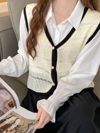 V领镂空针织背心开衫女披肩小香风减龄短款马甲上衣薄#休闲#百搭#上衣#马甲