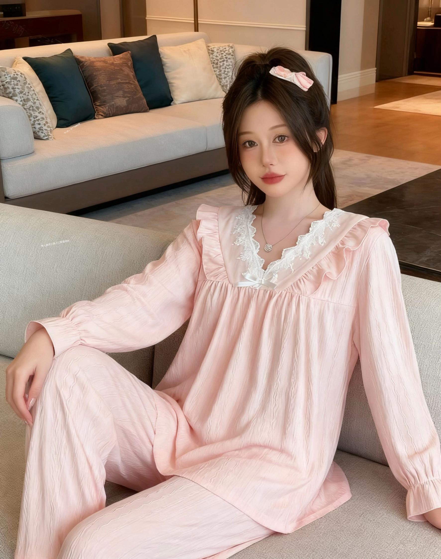 中秋 纯棉睡衣带胸垫女款春秋爆款2025新款可外穿高级感洋气网红家居服#睡衣家居服 #家居服 #睡衣