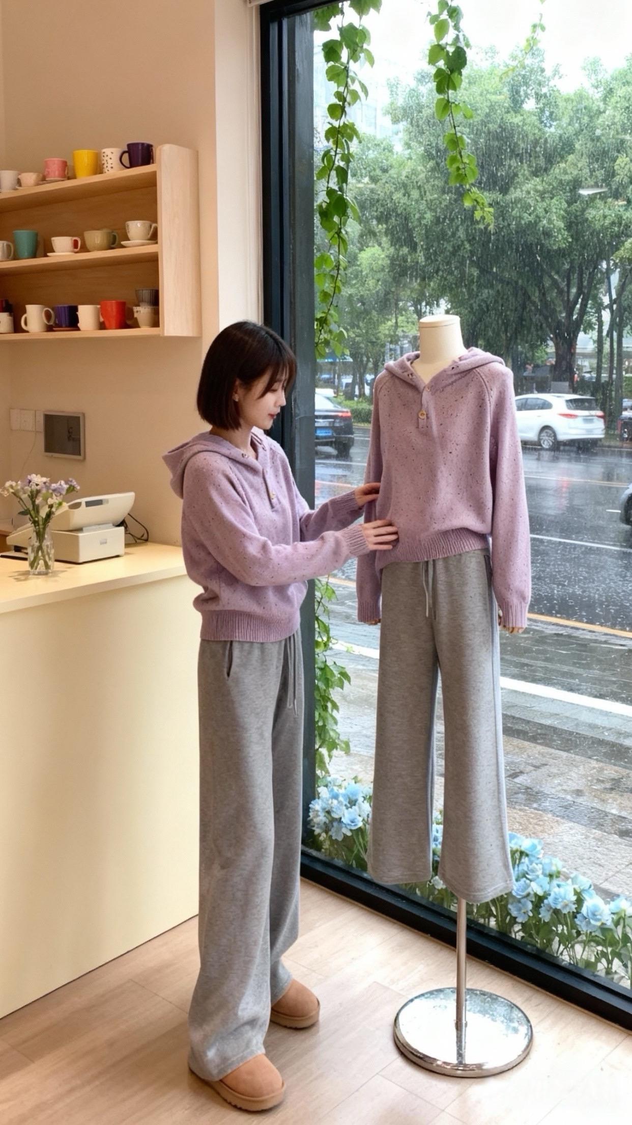 雨丝敲打着落地窗,林薇在自己的服装小店里,正细心调整着模特身上的淡紫色连帽针织衫。这套她亲手选品的穿搭,柔和的色调像极了窗外被雨水晕染的街景。 货架上的彩色杯具、角落的小花束,都透着她对生活的热爱。开店那年也是个雨天,她抱着“把温柔穿在身上”的念头,辞去了刻板的工作。 此刻,雨幕中传来汽车驶过的水声,她望着镜中与模特同款穿搭的自己,浅紫与浅灰的搭配舒适又治愈。忽然,门铃轻响,一位撑伞的女孩走进来,目光恰好落在这套穿搭上:“姐姐,这套和雨天好配……” 林薇笑了,她知道,在每个需要温暖的时刻,她的小店都会像这雨天的避风港,用一件柔软的衣衫,拥抱每一个寻来的人。 #慵懒风穿搭 #韩系穿搭 #被秋日氛围感穿搭拿捏了 #早秋穿搭三分钟出门不是梦