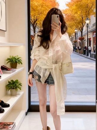 仙女风POLO领白色气质法式衬衫刺绣设计感洋气休闲百搭辣妹短裤#穿搭 #谁穿谁好看 #时髦穿搭 #今天穿什么 #衬衫