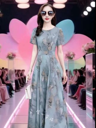 雪纺连衣裙2024新款夏季女装中年妇女50多岁妈妈夏装衣服气质裙子