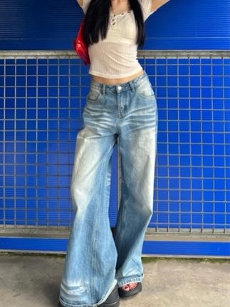 美式浅蓝阔腿牛仔裤女夏季新款高个子高腰宽松显瘦垂感拖地直筒裤#美式#高腰#宽松#显瘦#垂感