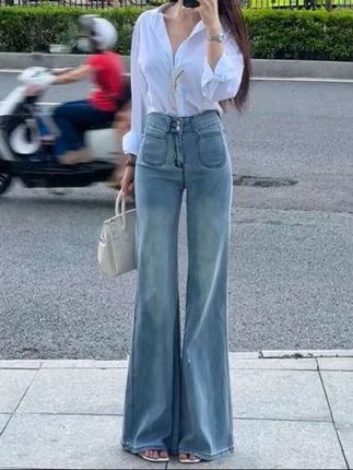 浅色高腰微喇牛仔裤女2025秋季新款小个子显瘦弹力喇叭拖地长裤#牛仔裤 #每日推荐 #穿出大长腿 #显高显瘦显腿长 #牛仔裤穿搭