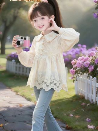 蕾丝娃娃领衬衫戳少女心,公主牛仔裤显俏皮,中大童穿不挑身材,衬衫细节精致显白,牛仔裤舒服耐穿,宝妈闭眼入,娃穿出门被夸爆!#甜美穿搭 #生女儿就要这样穿 #高品质童装 #生女儿就是用来打扮的 #小清新穿搭