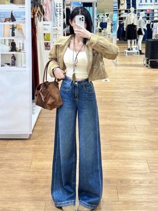 乔栈早秋新款刺绣阔腿牛仔裤女高腰复古设计感宽松显瘦小个子穿搭#牛仔裤穿搭 #显高显瘦显腿长 #强烈推荐 #百搭裤子 #新款上新