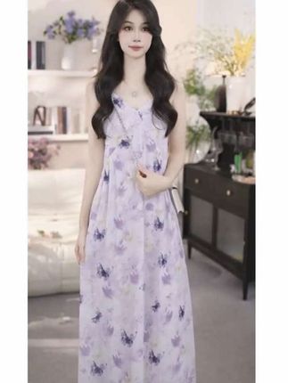 【有口袋】紫色法式V领吊带连衣裙女夏季修身显瘦度假长裙子7006#连衣裙#每日分享 #穿搭