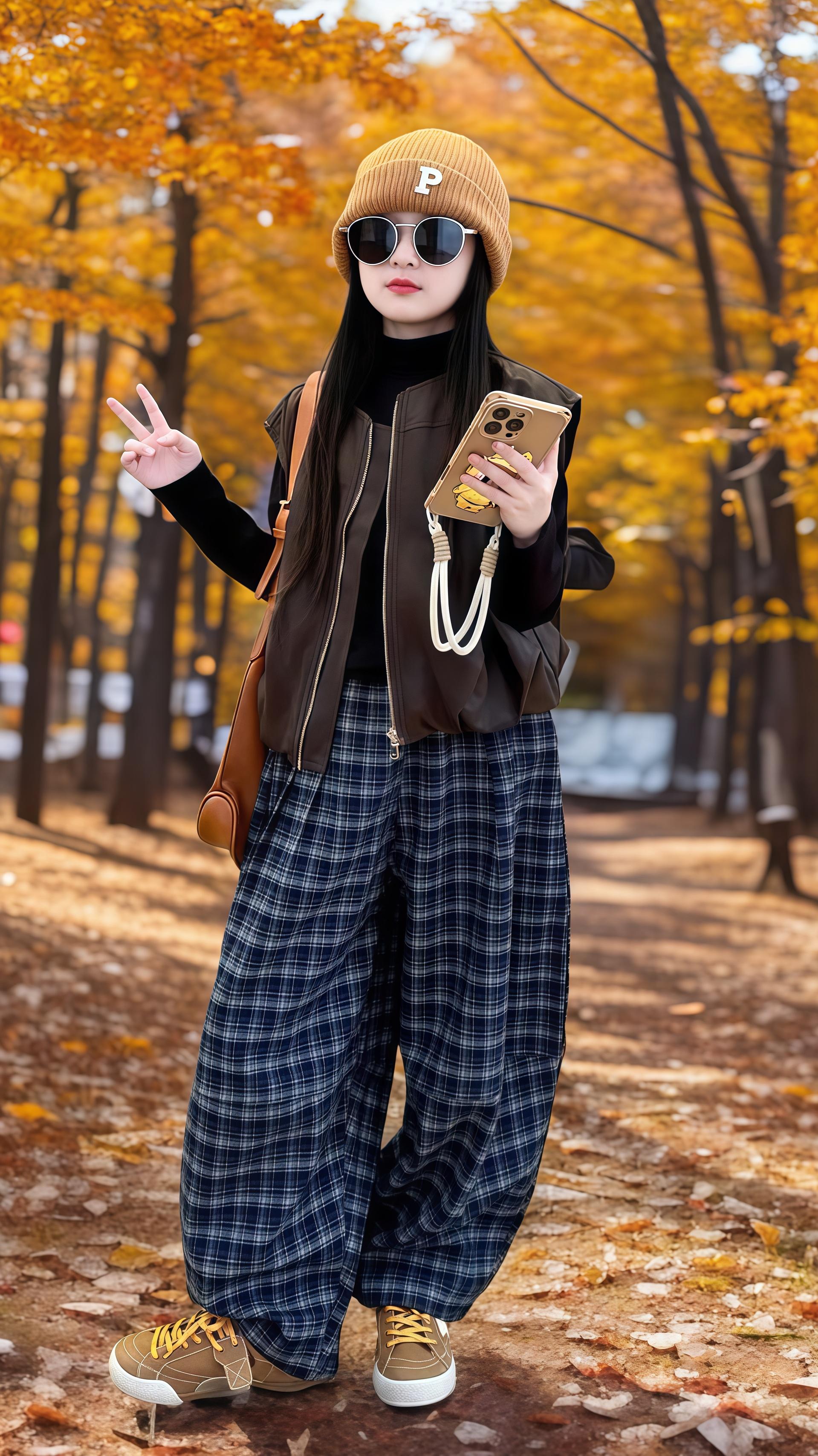 🍂秋意正浓,解锁元气少女的秋日穿搭。当金黄的树叶铺满小径,属于秋天的时尚秀场正式开启~ 一身棕色皮质马甲叠穿黑色高领内搭,复古又有层次;蓝白格纹阔腿裤随性又显腿长,配上一双棕黄拼色休闲鞋,舒适感拉满!再戴上带“P”标的针织帽和墨镜,挎上棕色复古包包,拿着手机记录这美好秋景,在落叶纷飞的林间,轻松打造出随性又时髦的秋日Look~ 这样的秋日穿搭,你爱了吗? 🍁 #早秋秀场抄作业告别路人感 #被秋日氛围感穿搭拿捏了 #拿捏开学穿搭公式 #早秋穿搭 #秋日穿搭 @抖加🔥上热门🔥dou+🔥热点宝