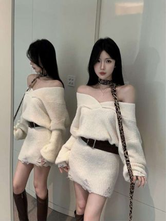 秋冬名媛风v领辣妹毛针织斜肩连衣裙#通勤搭配 #韩系穿搭 #温柔风穿搭 #慵懒风穿搭 #气质范