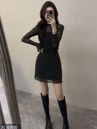 【大婷婷】长袖圆领修身波点连衣裙时尚显瘦气质初秋新款裙子DT1578#抖音热搜 #优雅气质 #抖音推广 #高级感 #每日分享