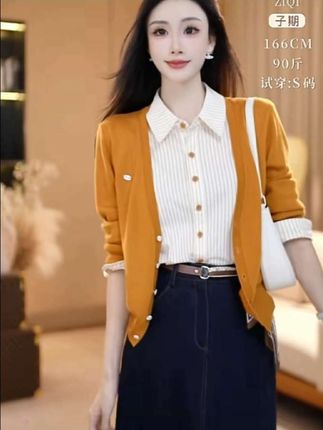 秋季新款OL风条纹衬衣拼毛织假两件设计款羊毛长袖上衣#时尚洋气减龄穿搭 #百搭上衣太好看了人手必备一件 #女装