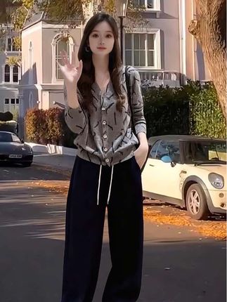 韩系时尚穿搭两件套 #被秋日氛围感穿搭拿捏了 时尚穿搭女2025秋季新款宽松百搭针织开衫显瘦阔腿休闲裤两件套装#两件套 #春秋穿搭 #休闲百搭 #穿出自信穿出美丽