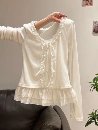 假两件拼接设计感长袖T恤女2025年早秋新款独特花边小众上衣#长袖t恤 #小众设计感 #早秋新款 #好看 #女生必备