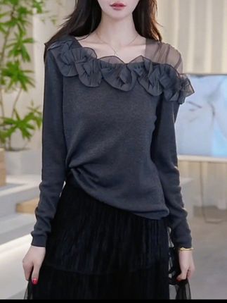 #高级感洋气百搭显瘦上衣2025秋季新款法式荷叶边拼接斜领针织衫女#秋季新款#显瘦上衣 #洋气百搭上衣