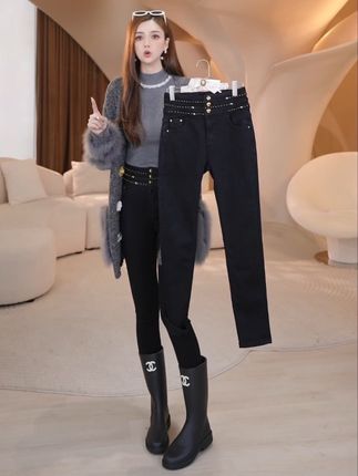 【暗夜鎏金】高腰时尚钉珠显瘦加绒牛仔裤#丫头baby #丫头baby直播回放 #显瘦黑裤子 #紧身裤 #靴裤