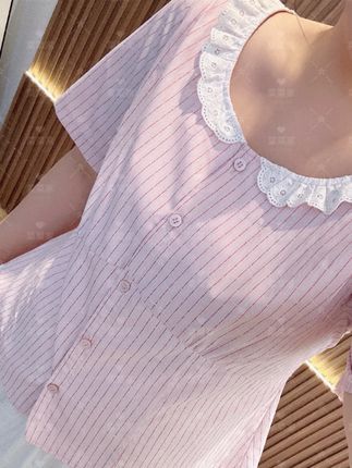 【上新 菜菜家】2025夏季新款减龄蕾丝拼接粉色条纹衬衫CCC11555#夏季穿搭 #每日推荐 #春装穿搭 #女装穿搭 #小清新穿搭
