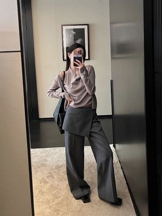 气质感假两件拼接围裙式高腰阔腿休闲裤女秋季新款直筒拖地长裤子#高级感穿搭 #通勤搭配 #裤子 #风格 #永不过时的温柔