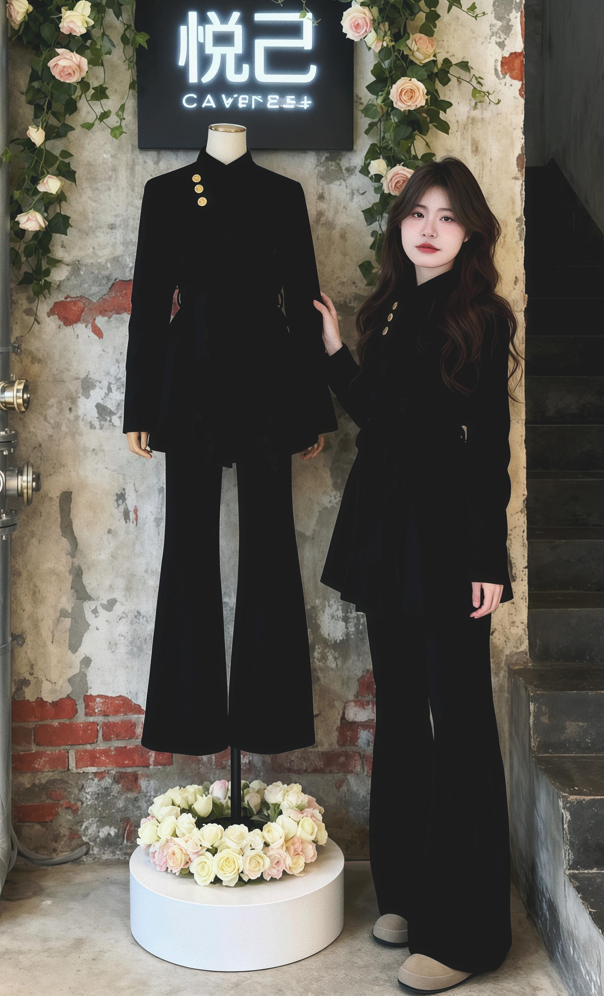 《试衣间的黑燕尾暗语》   工业风店铺的斑驳墙前,“悦己”霓虹招牌亮得刺眼。林夏指尖抚过模特架上的黑套装,与自己身上的衣料重合时,忽然听见布料摩擦的轻响。她猛地回头,只有绿植藤蔓上的粉白玫瑰轻轻晃动。再试穿时,腰间的腰带竟多了道陌生的褶皱,窗外的都市雪景里,仿佛有个穿同款衣的影子,正透过朦胧的雪幕,将未说出口的邀约,藏进了衣摆的纹路与时间的暗语里。#这么穿显瘦20斤#大码女装#短款大衣 #气质穿搭#呢子外套