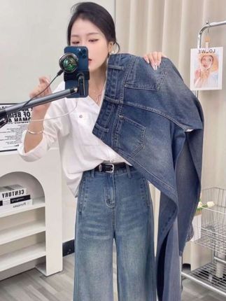 韩版复古蓝牛仔裤女款爆款2025秋季新款高腰阔腿显瘦遮肉宽松裤子@DOU+小助手