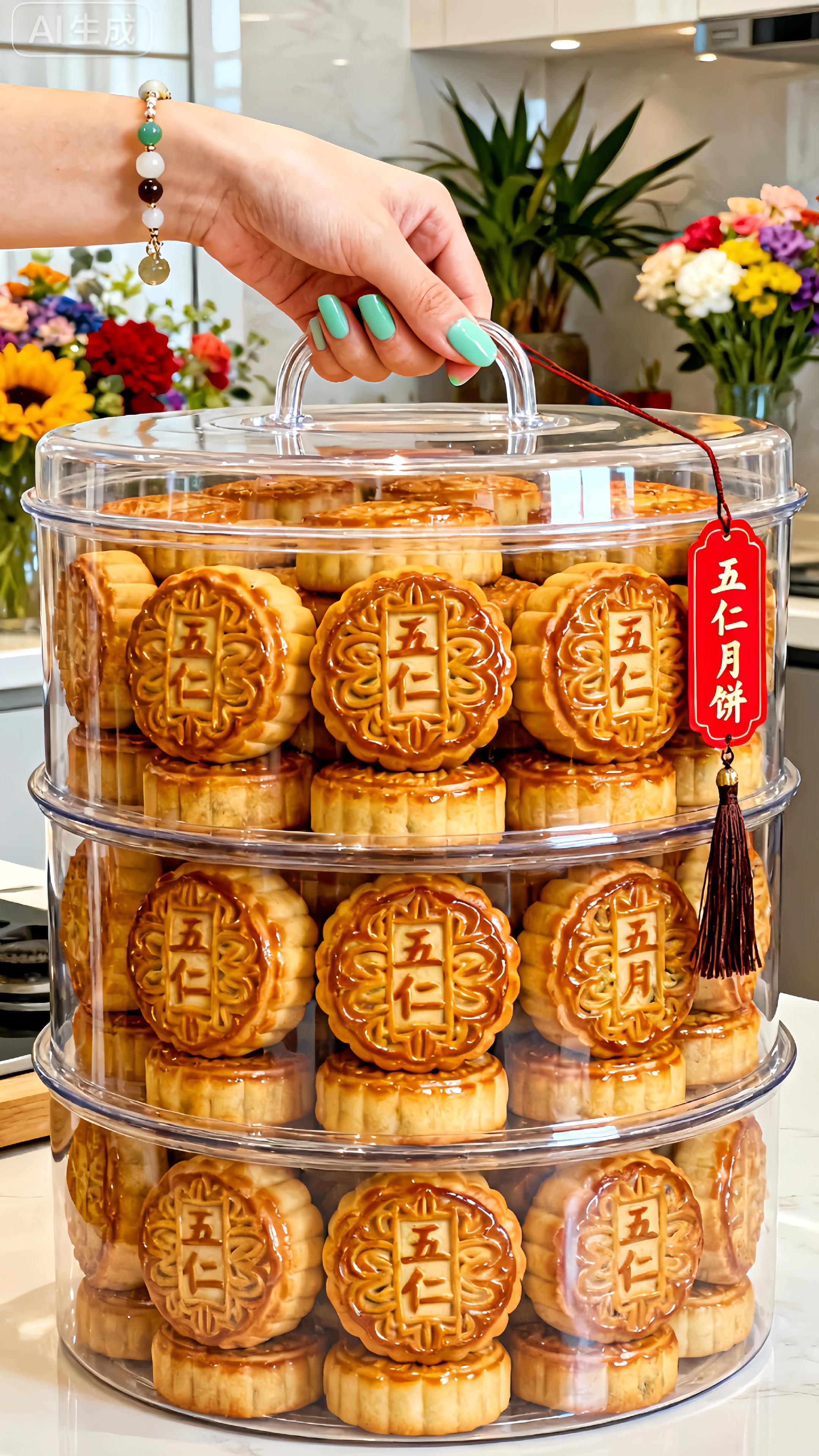 经典伍仁月饼,精选核桃、杏仁、腰果、芝麻、瓜子仁,五种果仁饱满香脆。酥软饼皮裹着丰富内馅,甜咸交织不腻口,咬下满是醇厚香气,是中秋团圆桌上,承载记忆与心意的传统美味。#月饼 伍仁月饼#老式伍仁月饼